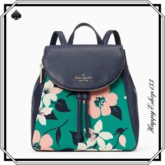NWT Kate Spade ♠️ Leila Medium Flap Backpack Lily Blooms Green Multi Color Kate Spade - Brandclub - Kate Spade Leila Pebbled Leather  main image 4